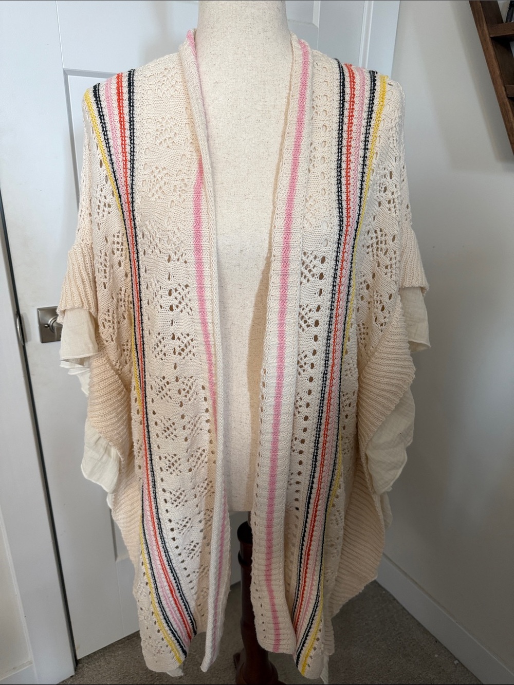 POL Cream Open-Knit Cardigan with Pink, Yellow & Black Stripes